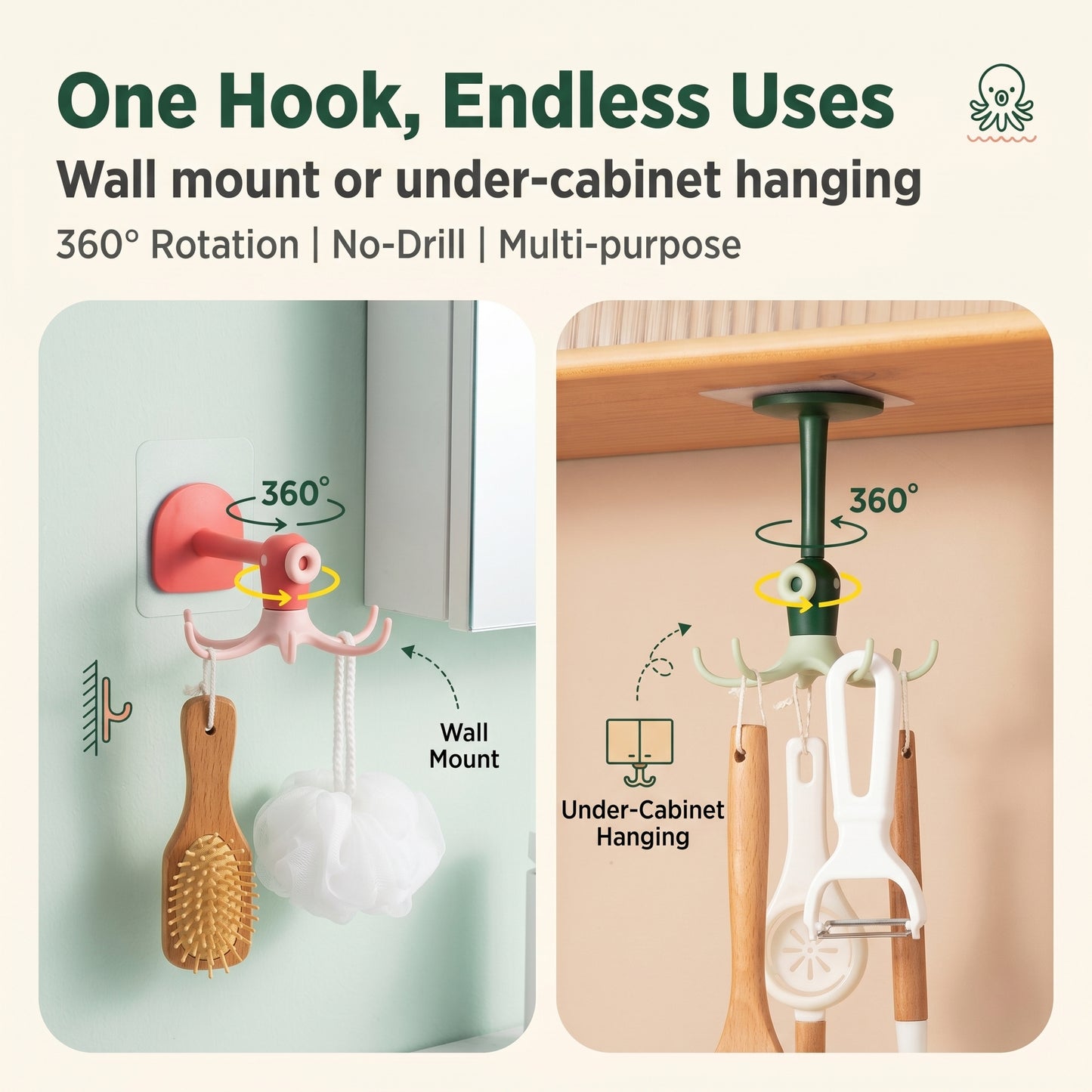 ✨50%off✨360° Rotating Octopus Wall Hooks | Damage-Free Under-Cabinet Utensil Organizer for Kitchen & Bathroom (2/4/6 Pack)