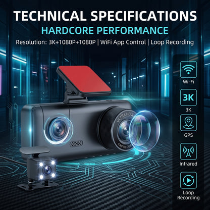 🔥Hot Selling✨Three-channel dashcam, 3K+1080P+1080P, 24/7 all-weather high-color WiFi 6, GPS tracking dashcam