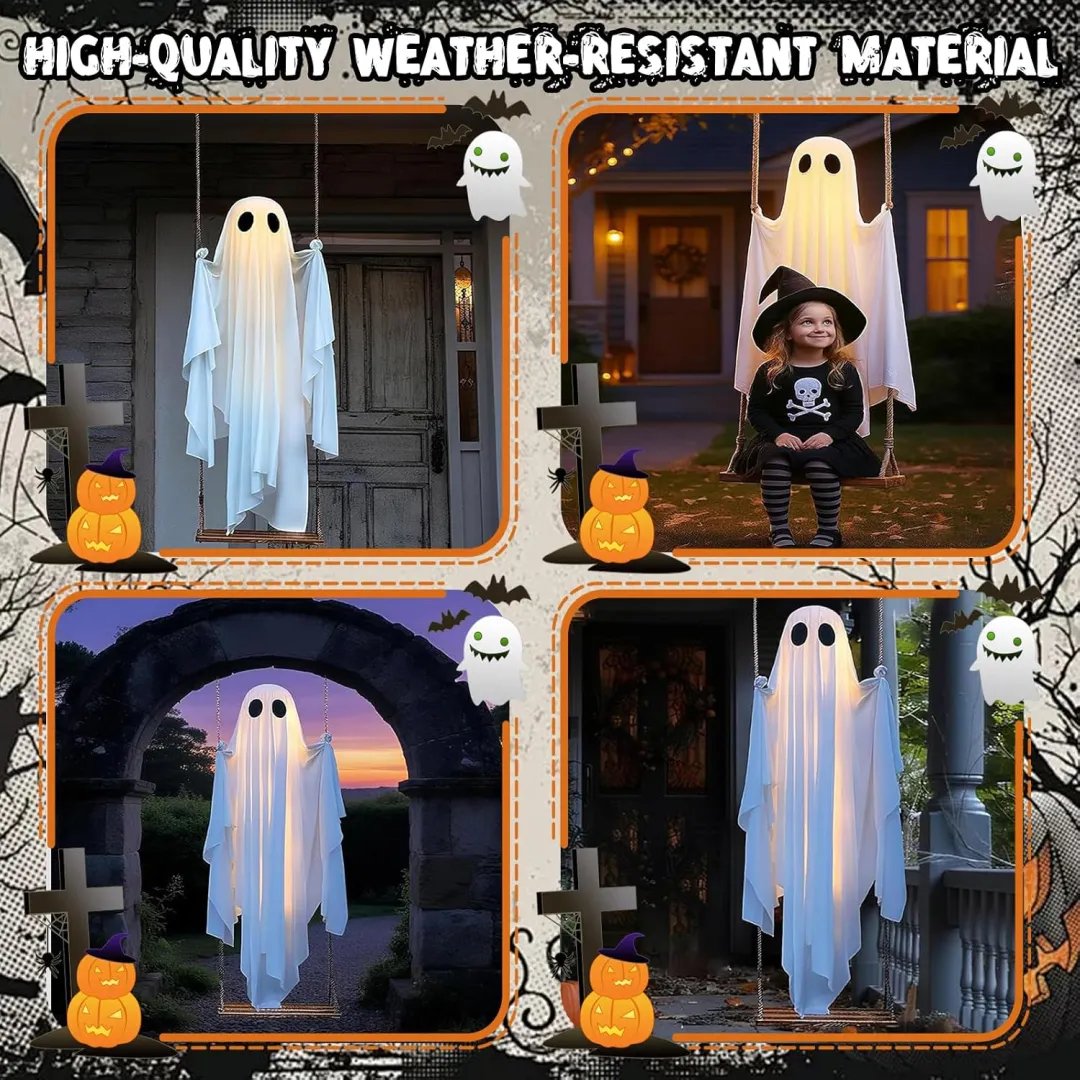 🎁HOT DEAL – Up to 50% OFF🔥Halloween Decorations OutdoorHanging Swing Ghost Halloween Decor with String Lights, Spooky Cute Ghosts Decorations for Front Porch Yard Tree