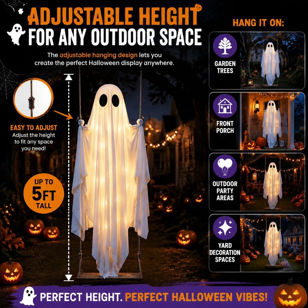 🎁HOT DEAL – Up to 50% OFF🔥Halloween Decorations OutdoorHanging Swing Ghost Halloween Decor with String Lights, Spooky Cute Ghosts Decorations for Front Porch Yard Tree