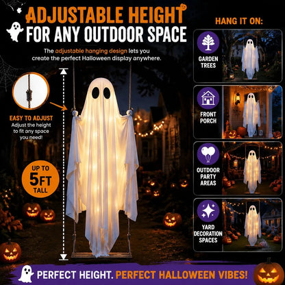 🎁HOT DEAL – Up to 50% OFF🔥Halloween Decorations OutdoorHanging Swing Ghost Halloween Decor with String Lights, Spooky Cute Ghosts Decorations for Front Porch Yard Tree