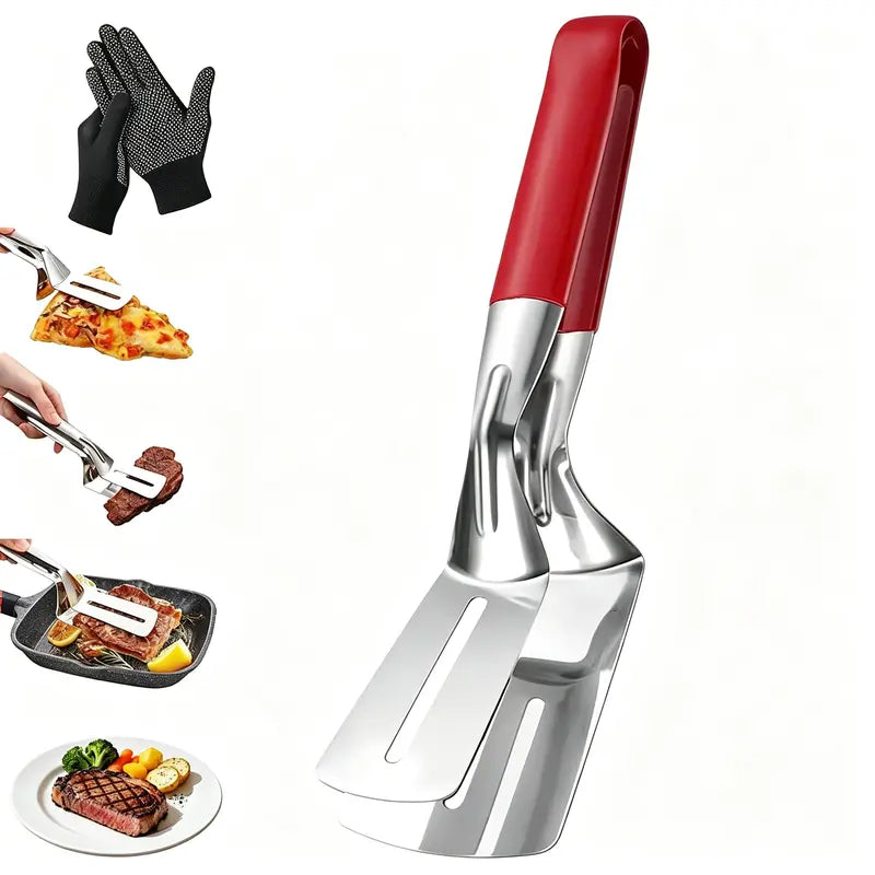 🍳 2-in-1 Spatula Tongs for Cooking and BBQ –304 Stainless Steel Food Flipper