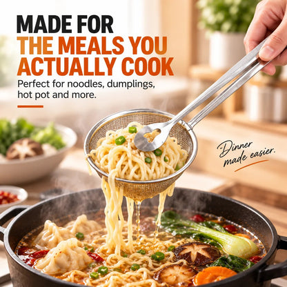 🔥Free Fish Frying Clip🔥2-in-1 Stainless Steel Strainer Tongs