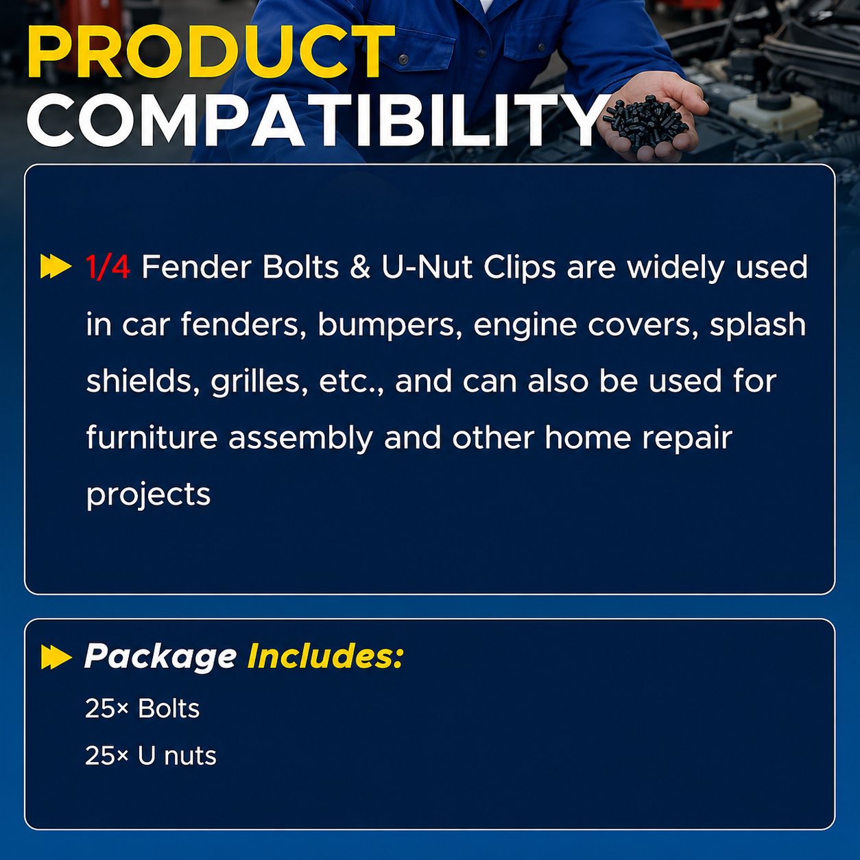⚙️ 50-piece set of 1/4-inch body bolts and U-nut clips