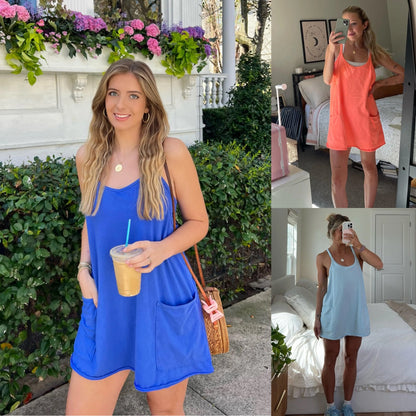 ✨Summer Bestseller Women V Neck Spaghetti Strap Mini Dress With Built-in Shorts
