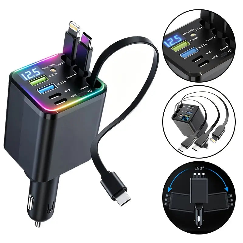 ✨ 7-in-1 Retractable Car Charger with Star Projector & 120W Fast Charge