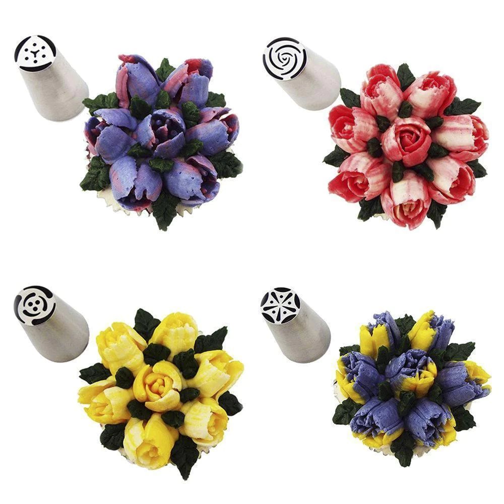 🍰 Enjoy 50% off now! 🔥 Flower-shaped piping tip set—perfect for DIY buttercream cake decorations featuring tulips and roses.