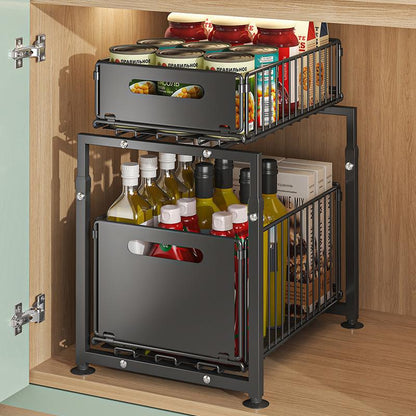 📦50% OFF NOW! 2-Tier Pull-Out Shelf – Expandable Under Sink Organizer, Double Layer Sliding Storage Rack for Kitchen Cabinet Bathroom Pantry
