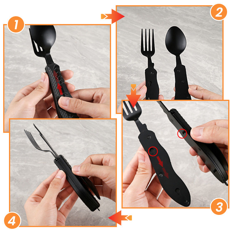 🍴Must-have for outdoor trips 🥄4-In-1 Outdoor Folding Multifunctional Tableware Stainless steel camping disassembled cutlery set