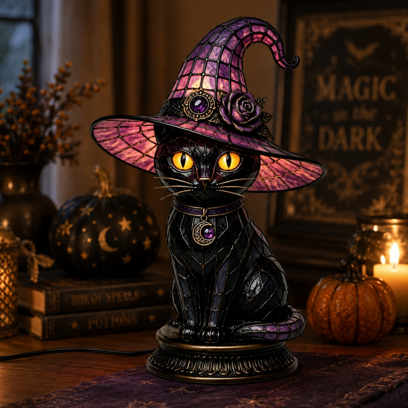 Gothic Halloween Witch Cat Table Lamp