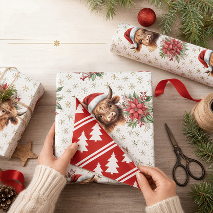 🎄 Christmas Highland Cow and Floral Pattern Gift Wrapping Paper Roll