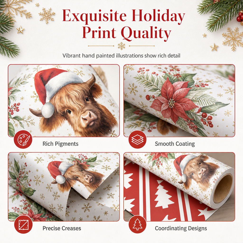 🎄 Christmas Highland Cow and Floral Pattern Gift Wrapping Paper Roll