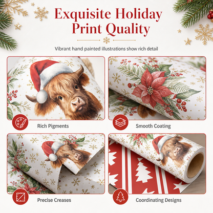 🎄 Christmas Highland Cow and Floral Pattern Gift Wrapping Paper Roll