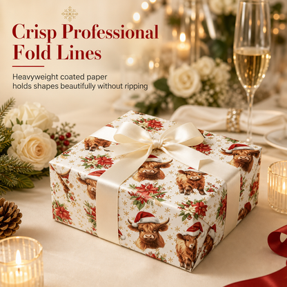 🎄 Christmas Highland Cow and Floral Pattern Gift Wrapping Paper Roll