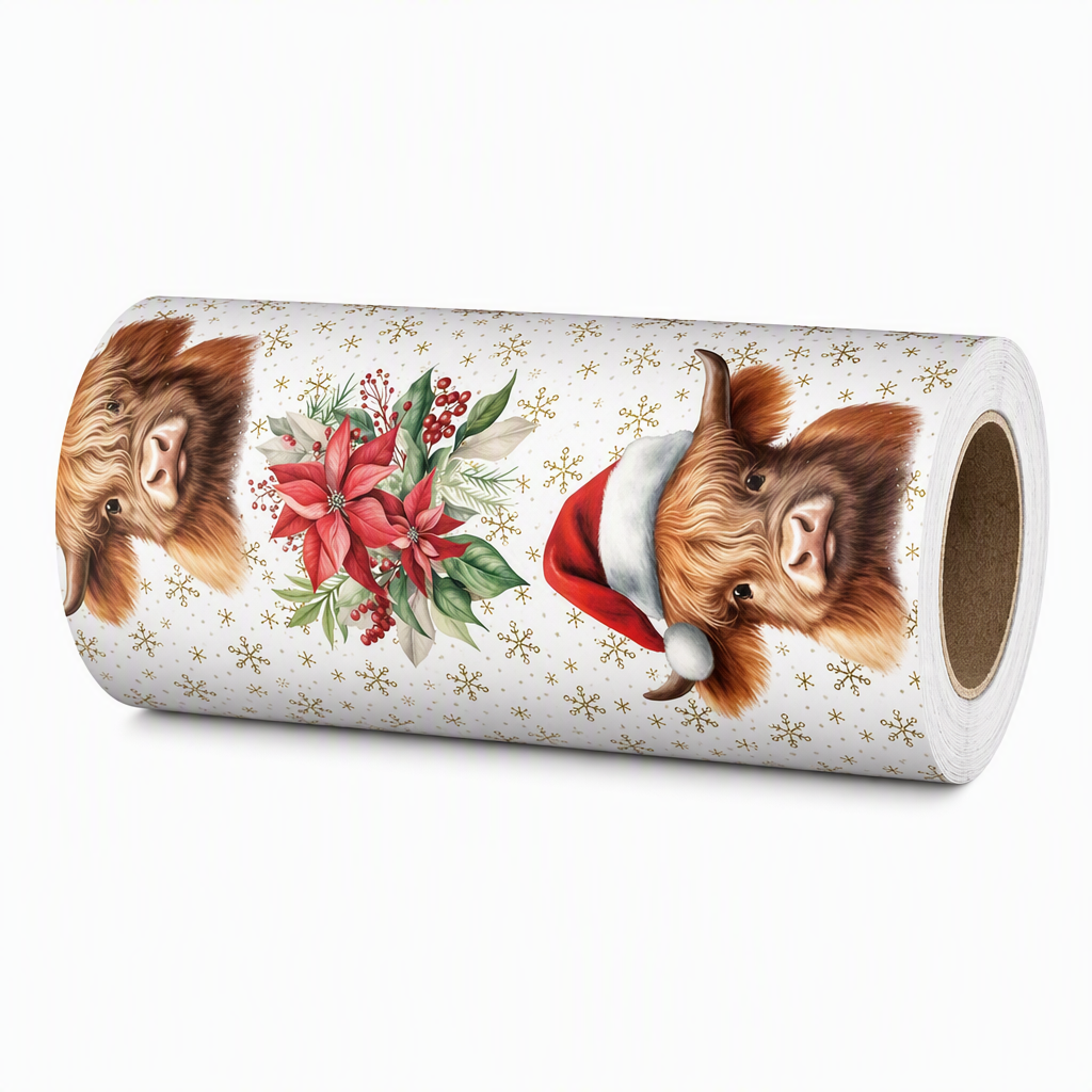 🎄 Christmas Highland Cow and Floral Pattern Gift Wrapping Paper Roll